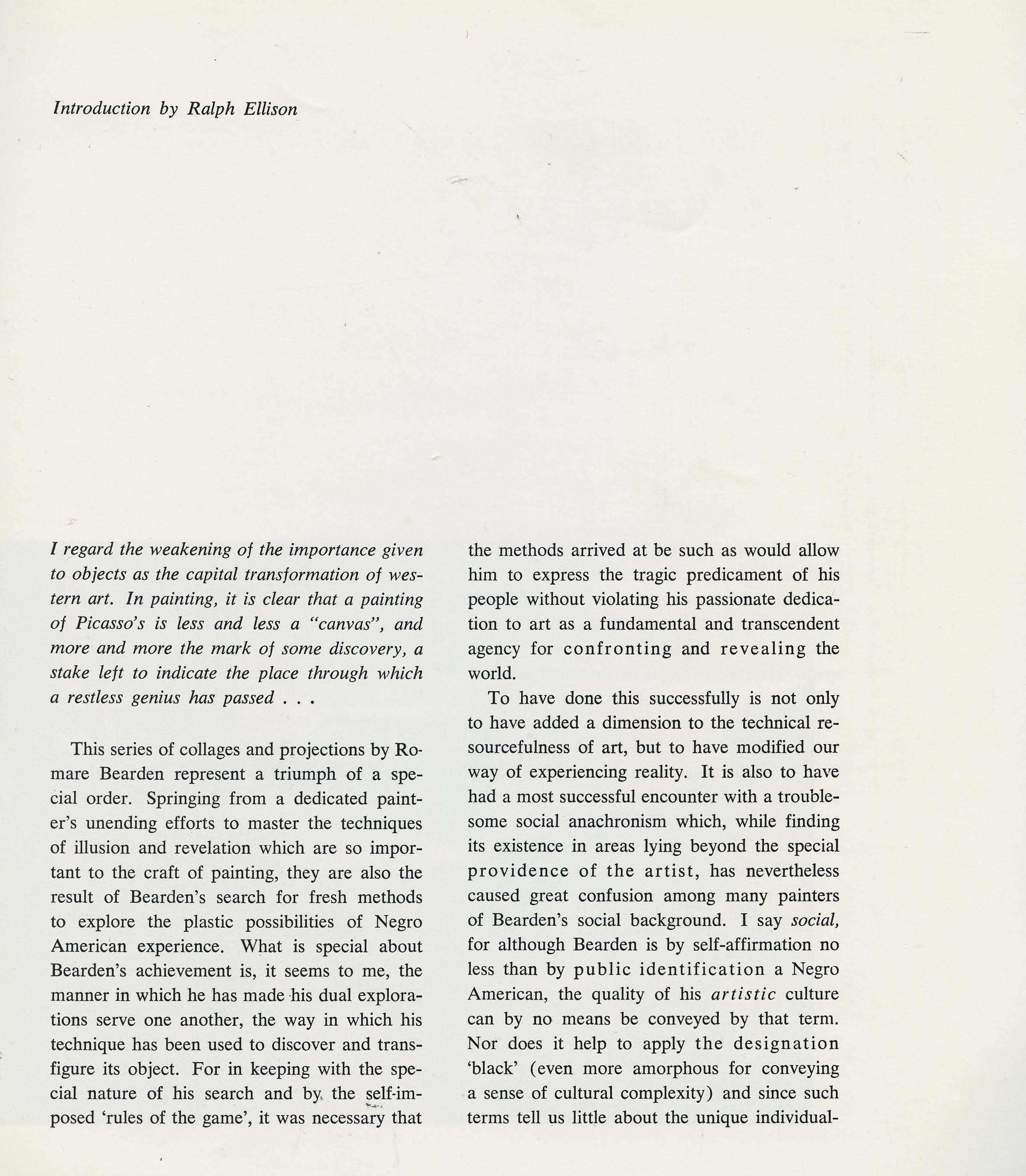 Scan of the cataolog 'Romare Bearden, Paintings and Projects' 