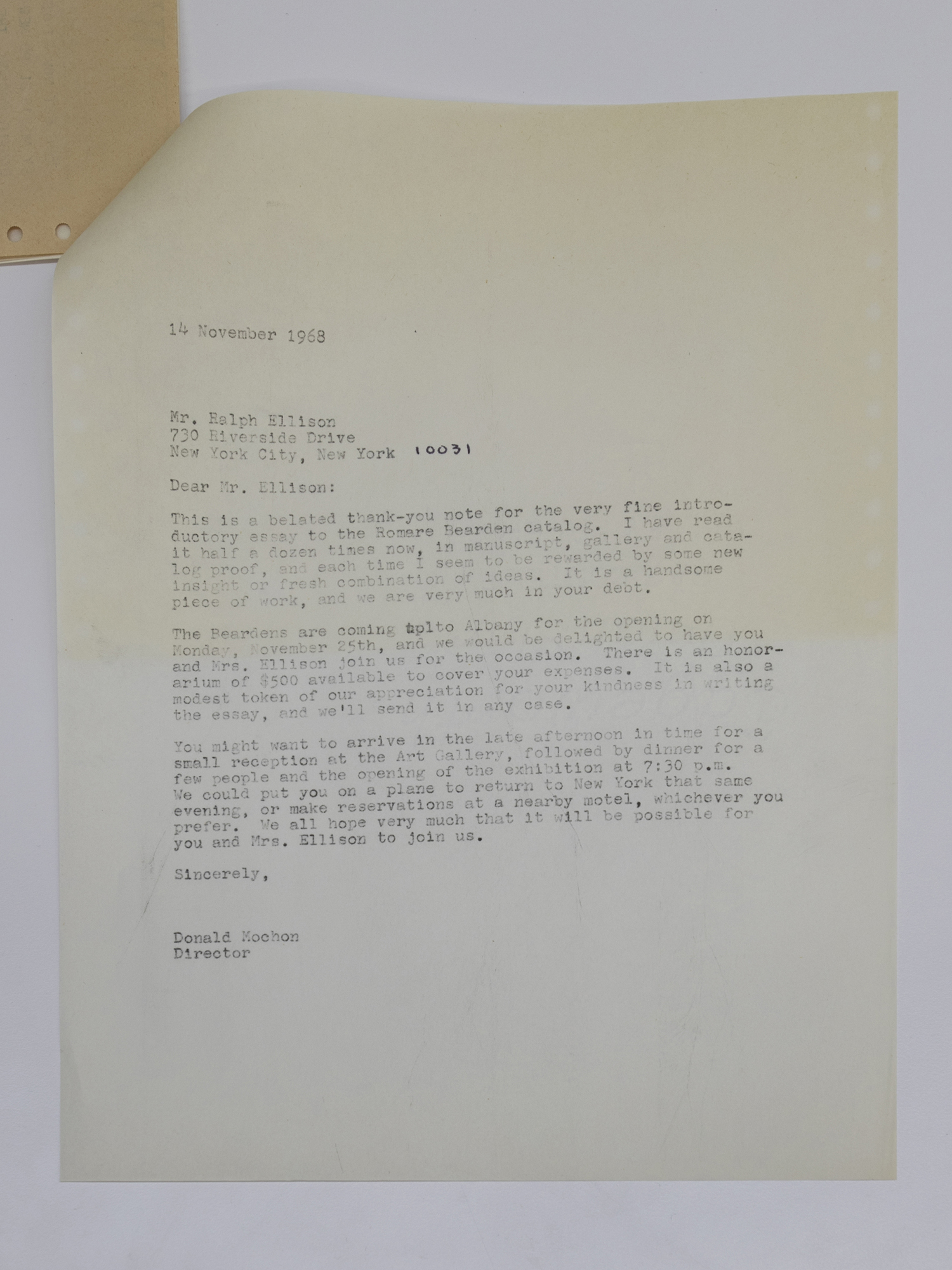 Scan of letters from Ralph Ellison to Donald Mochon, Director of the University Art Gallery