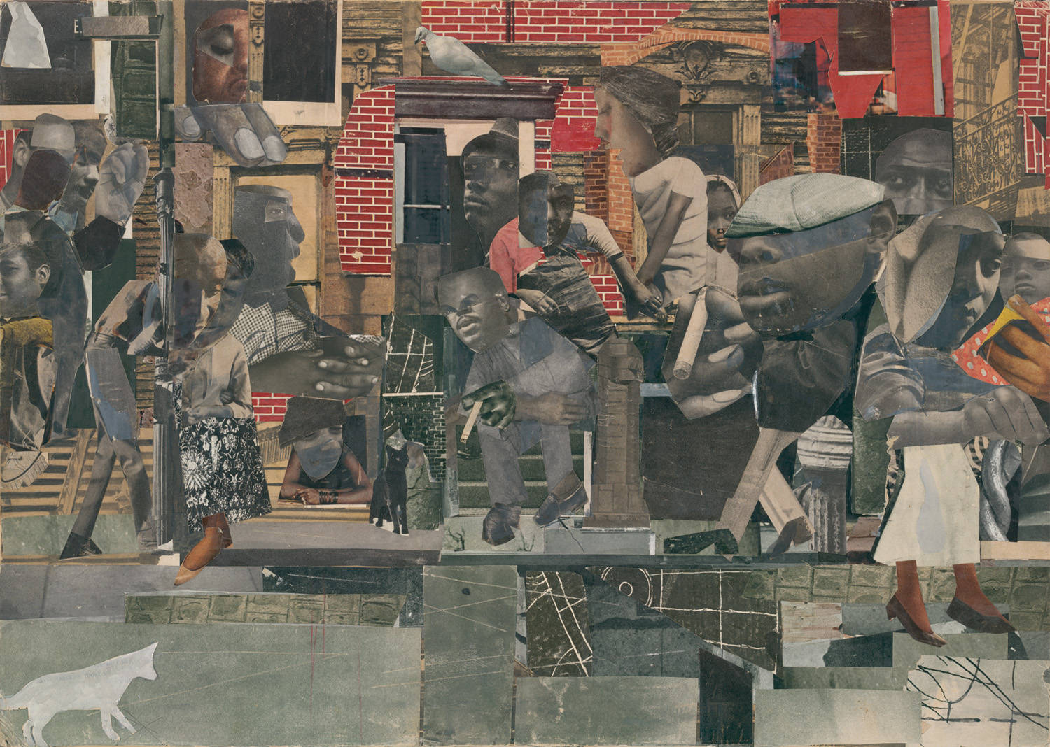 Collaged print composed of dark skinned faces, hands and legs, superimposed on an urban environment