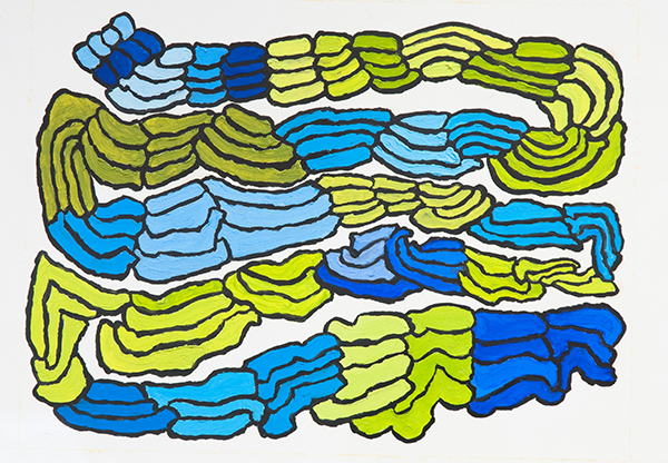 Abstract shapes in shades of blue and green outlined in black forming a wave-like pattern. 