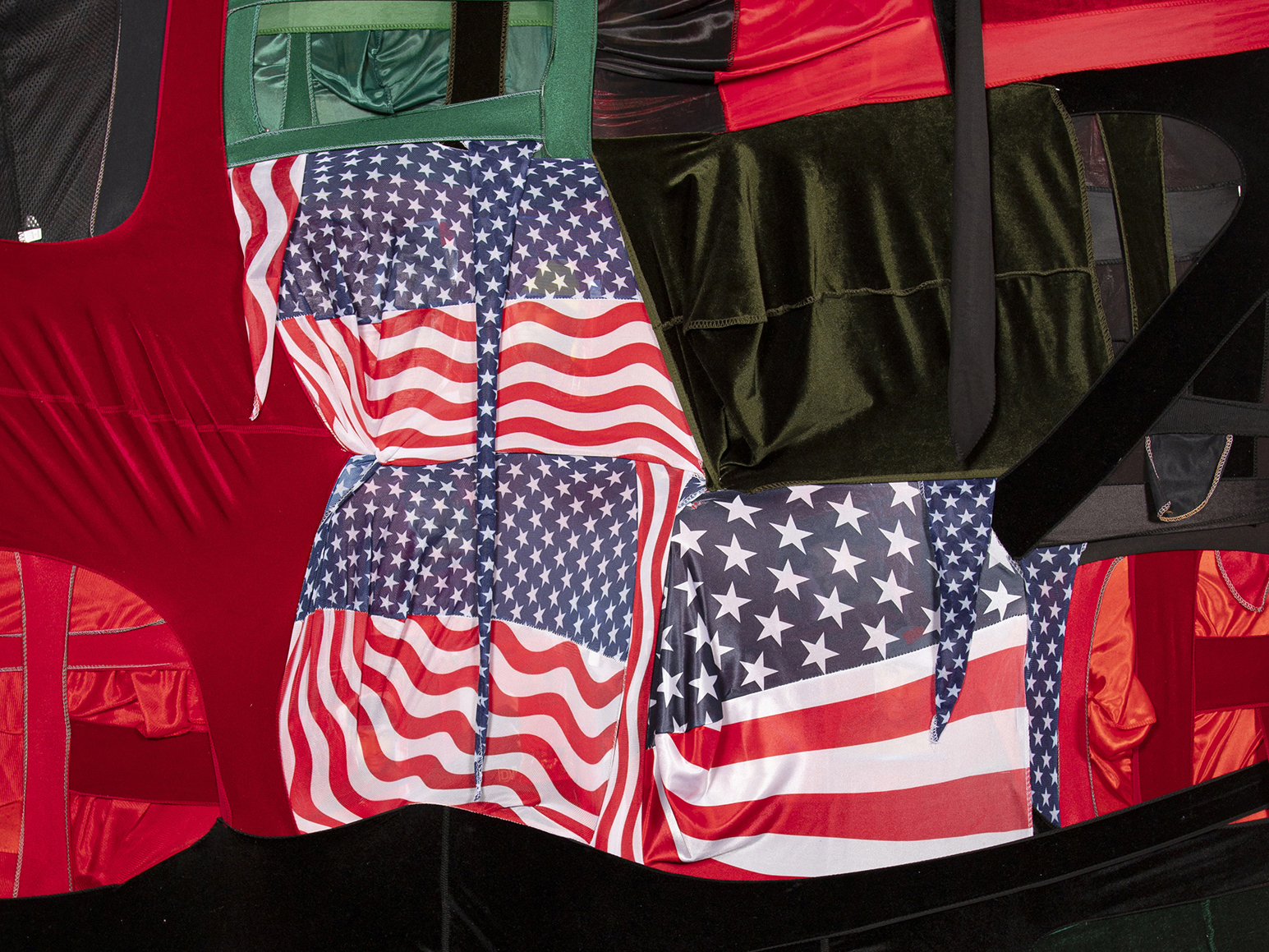American Flag, Red velvet and black durags stitched together.